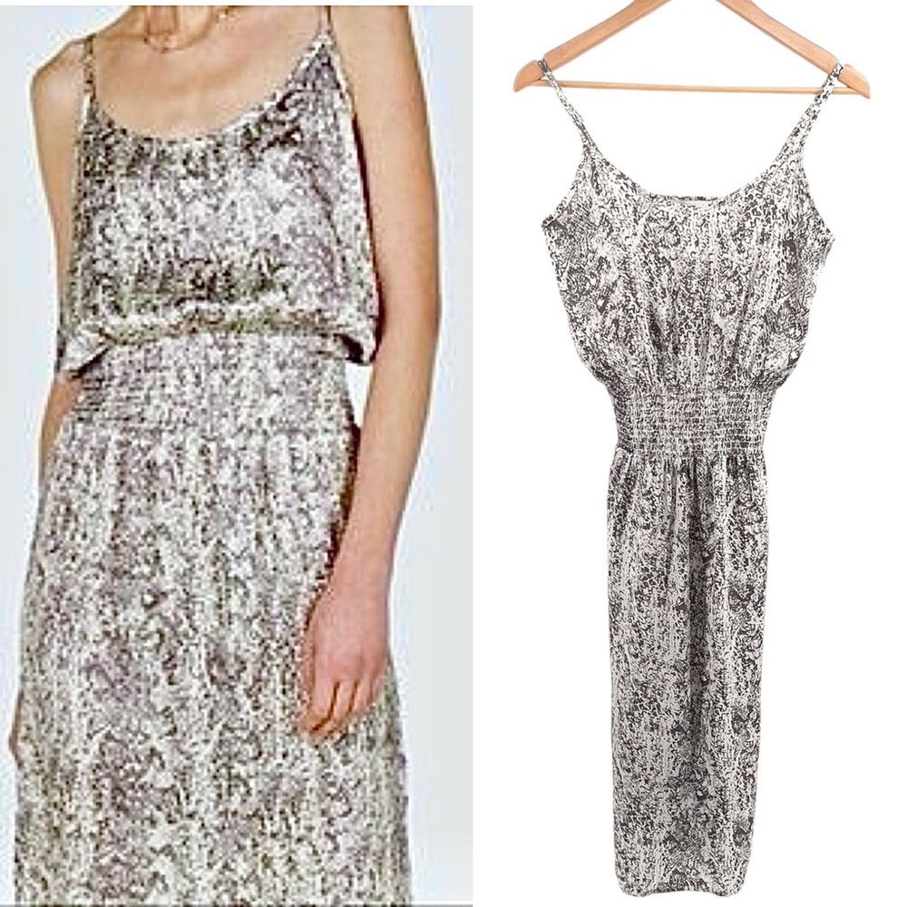 Vintage Havana Snakeskin Midi Dress Small Smock Waist Satiny Side Slits Neutral